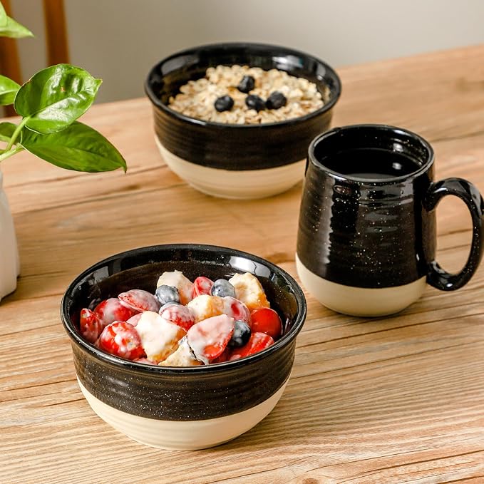 HASENSE Ceramic Cereal & Soup Bowls Set of 6, 20 Oz Black & Beige Stackable - Image 5