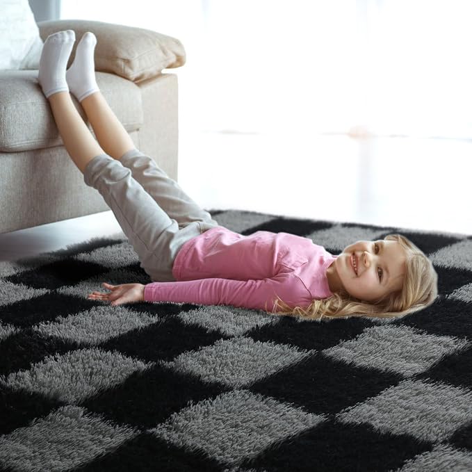 KICMOR Checkered Rugs for Living Room 5x8 Black and Grey, Fluffy Fuzzy Plush - Image 8