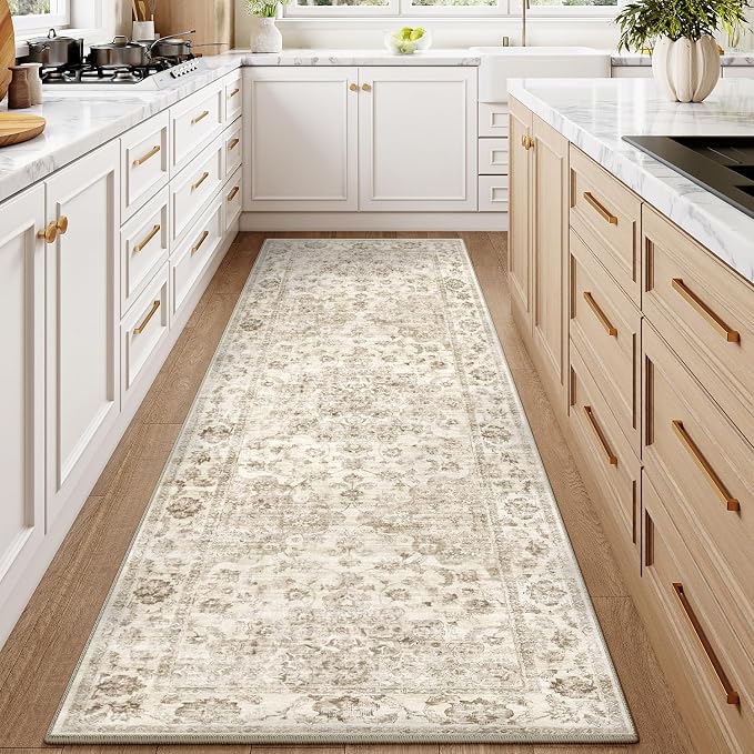 2x7 Washable Neutral Runner Rug Beige Vintage Hallway Kitchen Carpet Non-Slip - Image 3