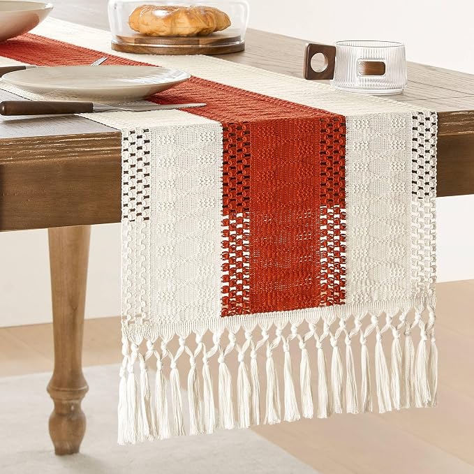 Macrame Style Bicolor Stitching Table Runner 14x108in Orange | Woven Boho Table by ZEEMARTONLINE