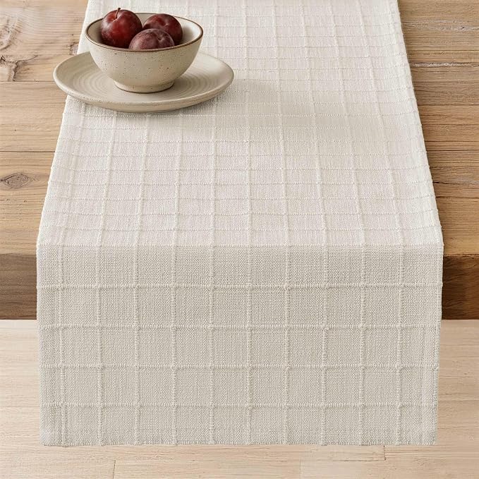 Artisanal Grid Linen Table Runner, 13x60 Inches Ivory | Heavy Textured by ZEEMARTONLINE