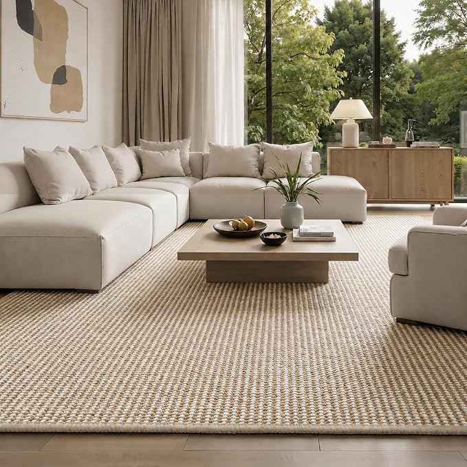 Faux Jute Area Rug 5'x7', Washable & Non-Slip, Taupe & White | 0.27" Low Pile by Unknown