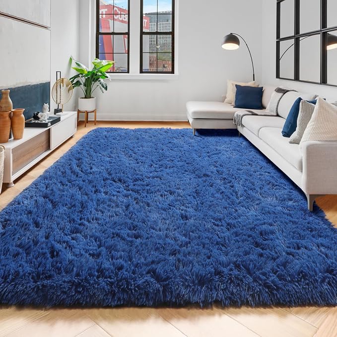 Amdrebio Navy Blue Area Rugs for Boys Bedroom, 5x7 Shag Fluffy Furry Plush Rug - Image 5