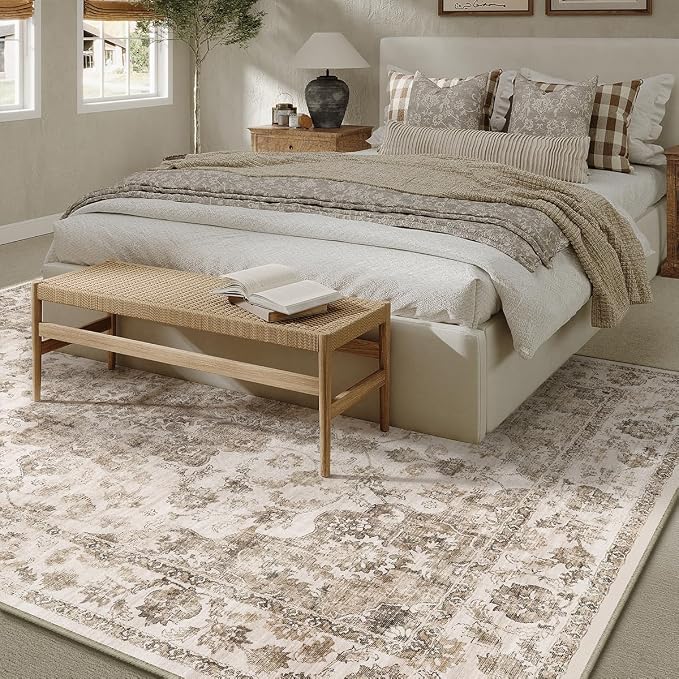 8x10 Washable Neutral Area Rug Brown Vintage Living Room Bedroom Carpet - Image 2