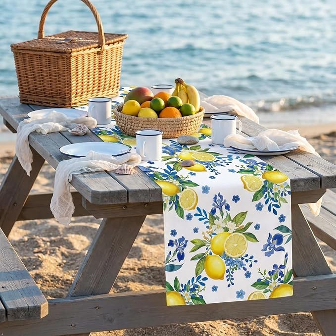 Lemon and Blue Floral Table Runner, 48 x 13 inches | Linen Texture Fabric - Image 4