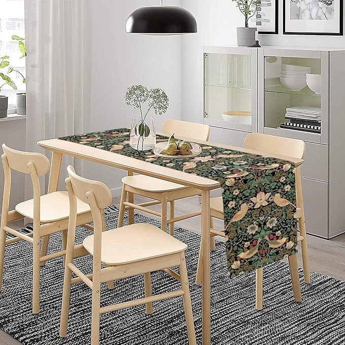 William Morris Floral Table Runner, Vintage Flowers Green Botanical Printed - Image 2