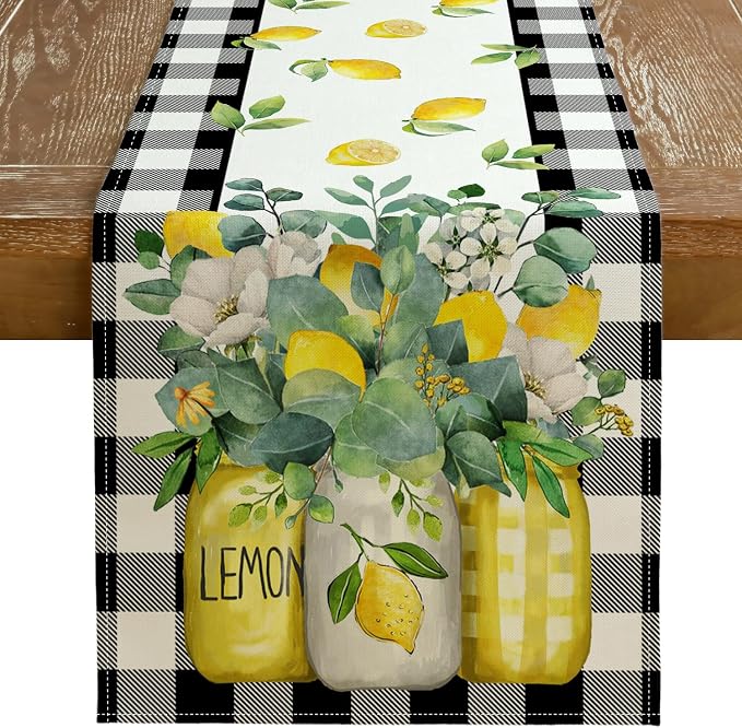 Black Buffalo Check Summer Table Runner 72 Inch, Lemon Vase Spring Farmhouse by GEEORY
