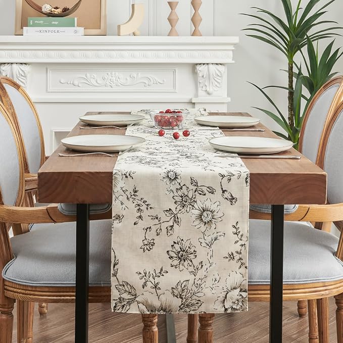 jinchan Black Floral Linen Table Runner 13 x 72 Inch Rustic | Vintage floral - Image 7
