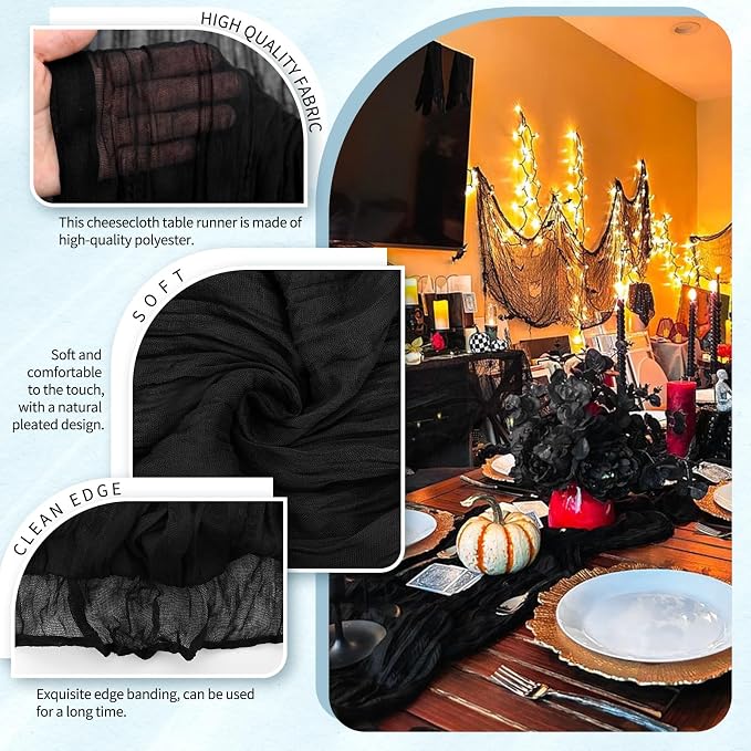 Showgeous 2 Pack Black Cheesecloth Table Runners Boho Wedding Decor | Rustic - Image 3