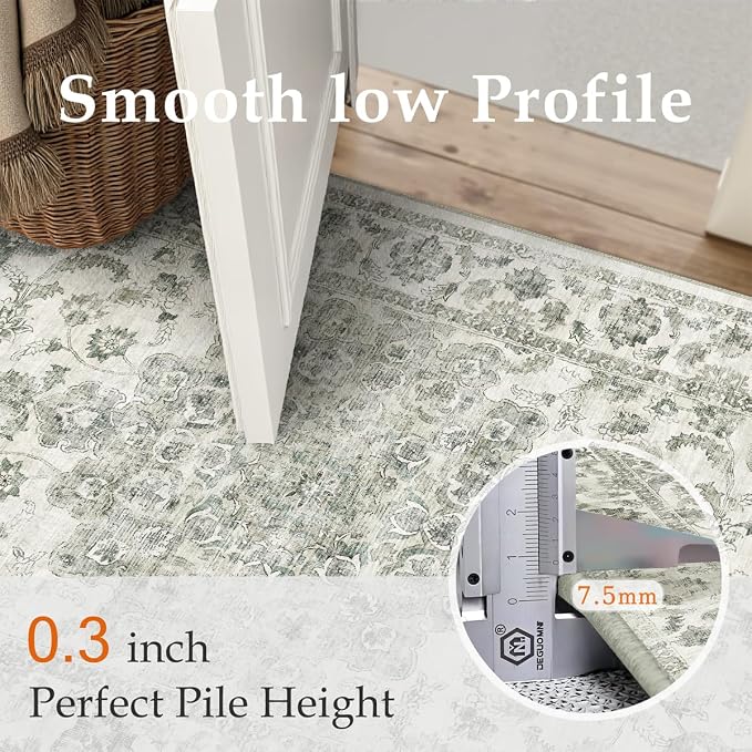 2x6 Washable Neutral Runner Rug Green Vintage Hallway Kitchen Carpet Non-Slip - Image 8