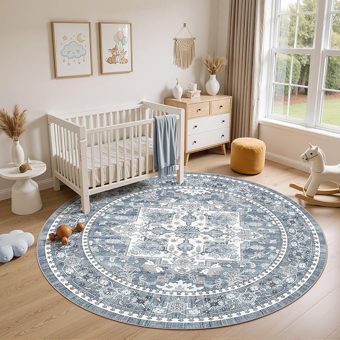 5ft Round Area Rug: Washable Vintage Neutral Soft Non Slip Thin Large Floor - Image 4