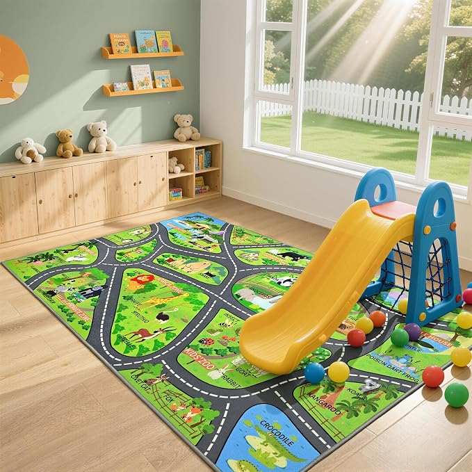 Zoo Adventure Kids Rug, Cute Animal Play Mat by BBENRON