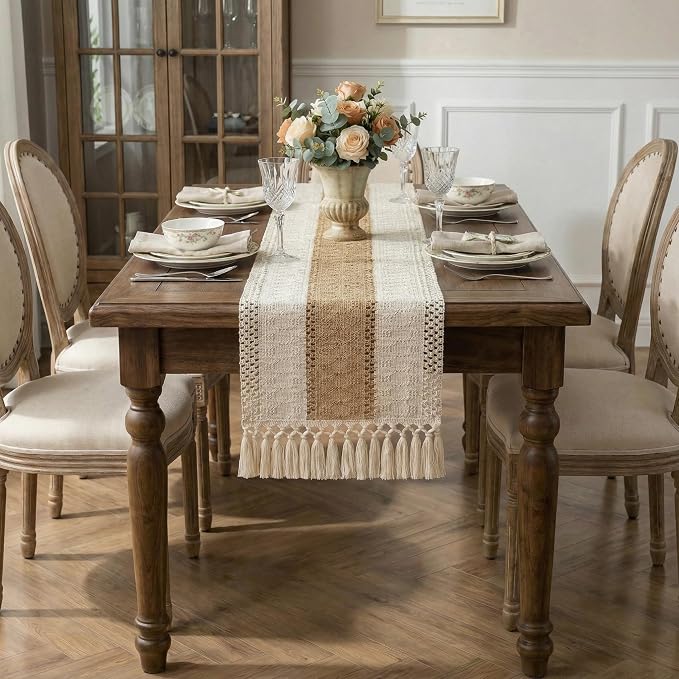 Burlap Boho Table Runner Macrame Brown 60in Farmhouse Woven Runner | Burlap - Image 7