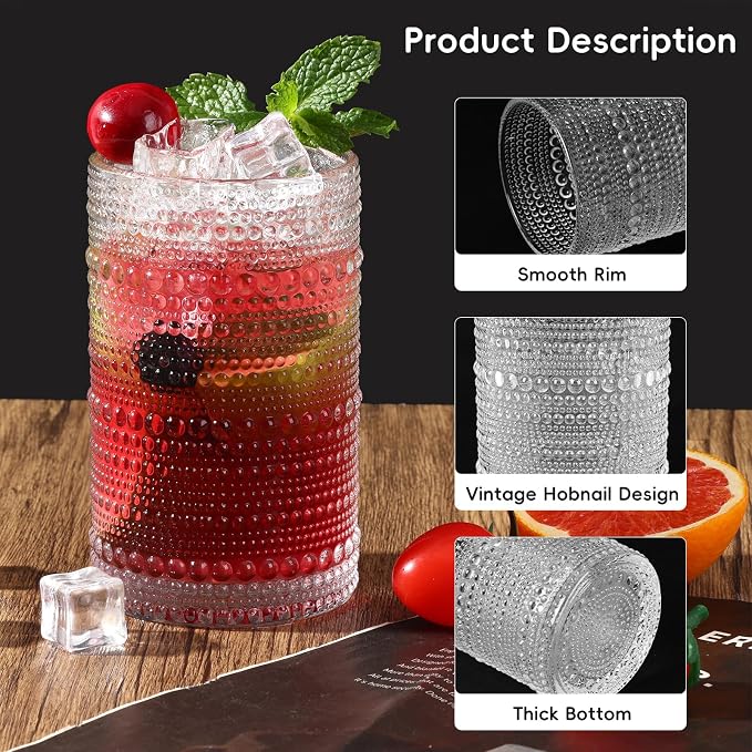 Moretoes Hobnail Drinking Glasses Set of 6, Vintage Water Glass Cups | 12 Oz - Image 5