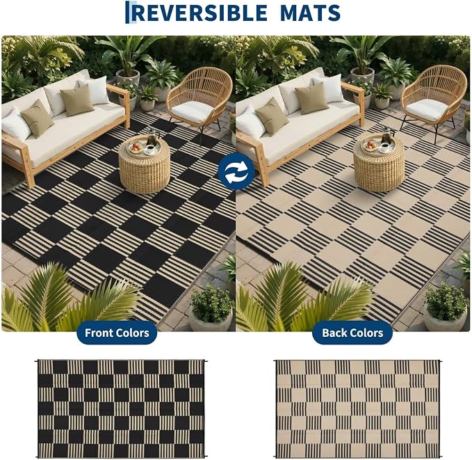Garvee Waterproof Outdoor Rug 10x20, Checkered Foldable Plastic Straw Patio - Image 4