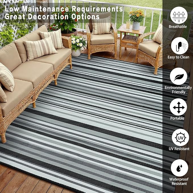 Outdoor Plastic Straw Rug Waterproof Patio 9x12 Black White Stripe Mat - Image 3
