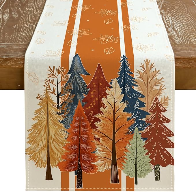 Fall Watercolor Trees & Maple Leaves Striped Table Runner 13x108 Inch, Rustic by GEEORY