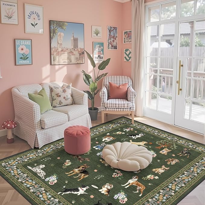 Area Rug 4x6 Dark Green Rug, Washable Boho Rugs Non Slip Low Pile Floral Dog - Image 4