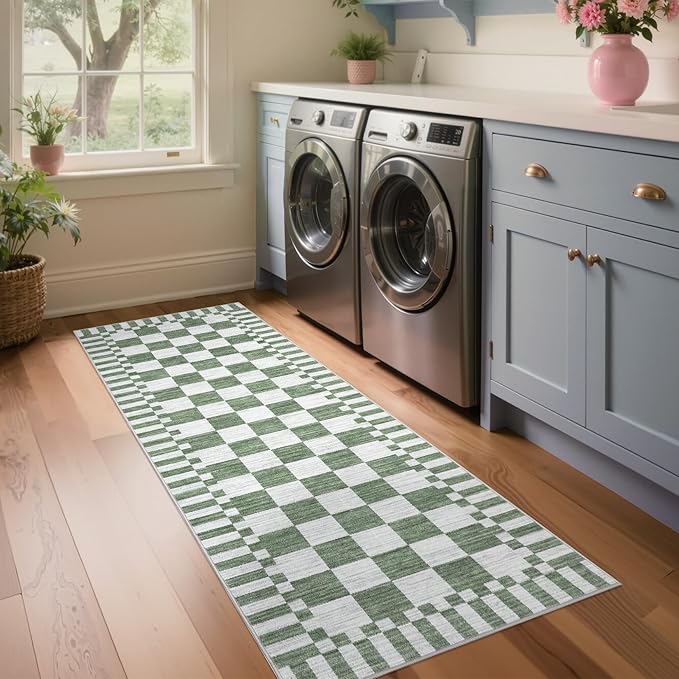 GarveeHome 2.5×8 Kitchen Runner Rug Non Slip, Sage Green Checkered Rug - Image 2