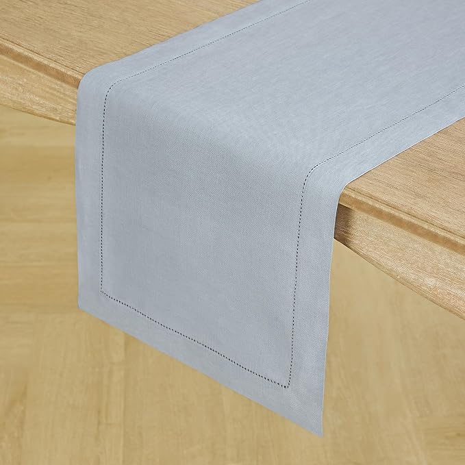 Solino Home 100% Pure Linen Table Runner Blue, Classic Hemstitch 14 x 90 in | - Image 2