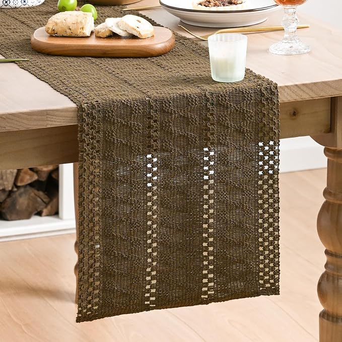 Artoid Mode Coffee Woven Farmhouse Hollow Table Runner 12x60 Inch | Holiday - Image 2