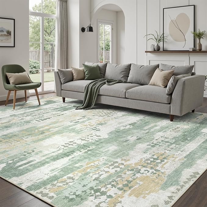 DCX Abstract Area Rug 10x14, Washable Sage Green Modern Rug by DCXWashableRug