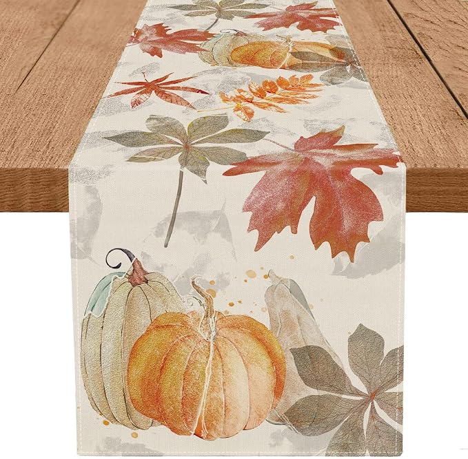 Fall Table Runner Pumpkin Maple Leaf Watercolor Vintage Table Runners Seasonal by GAGEC