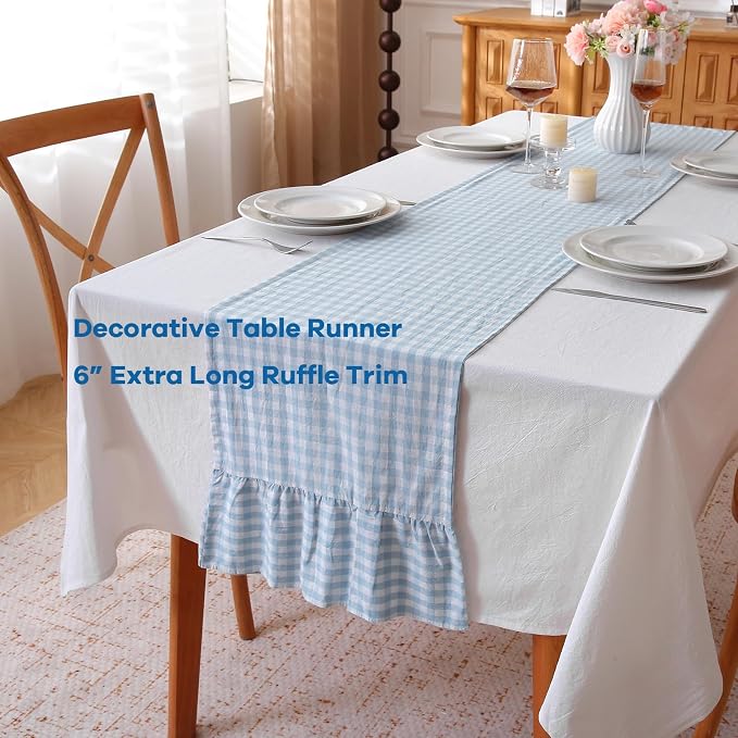 Light Blue White Plaid Gingham Ruffle Table Runner 72 inches Long 100% Washed - Image 3