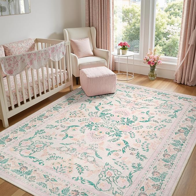 DCX 8x10 Pink Rug, Floral Rug for Girl’s Bedroom, Cute Soft Low Pile Non Slip - Image 2