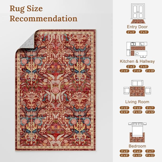 AMTOVO 8x10 Washable Area Rugs for Living Room, Non-Slip Large Soft Boho Floral - Image 8