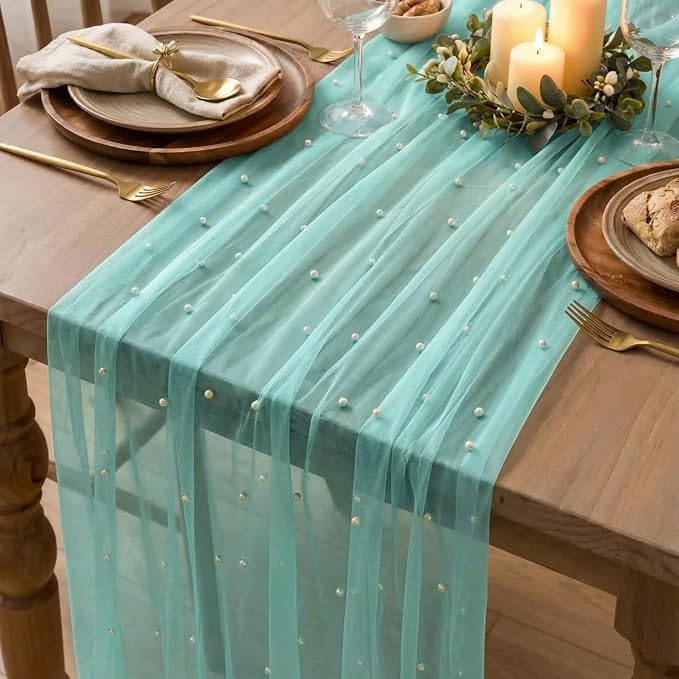 Artoid Mode 3PCS Pearl Turquoise Gauze Table Runner 120 Inch 10FT, Seasonal - Image 4