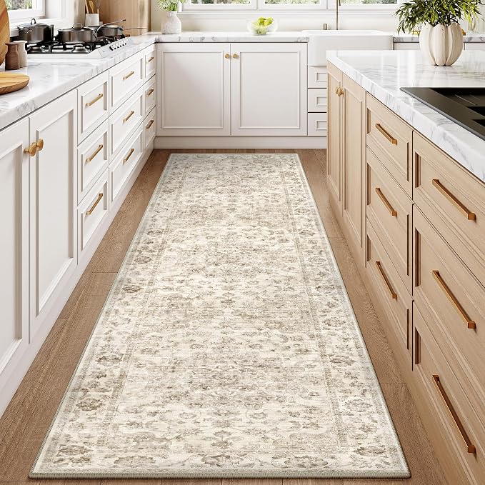 2'6x12 Washable Neutral Runner Rug Beige Vintage Hallway Kitchen Carpet by WondRg