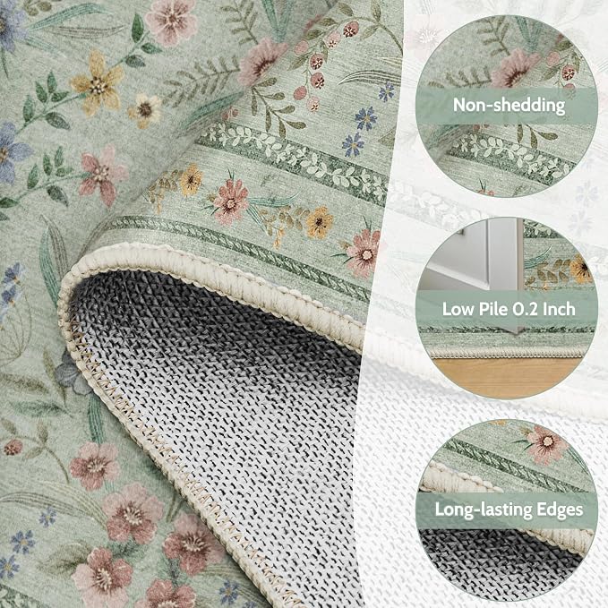 Green Floral Rug for Girls, 6x9 Washable Botanical Bedroom Rug for Nursery - Image 6