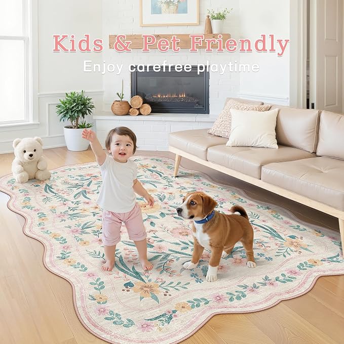 Scalloped Rug for Living Room, 5x8 Pink Floral Rug for Girls Dorm, Washable - Image 3