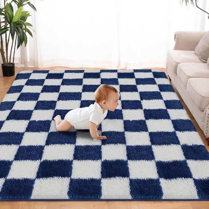 Super Soft Rug for Bedroom, 6x9 ft Blue and White Area Rug Classic Checkered by TOOHUB
