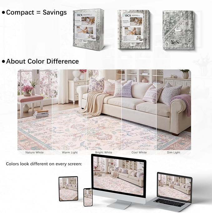 DCX 8x10 Pink Vintage Floral Rug, Machine Washable Non Slip Low Pile Carpet - Image 3