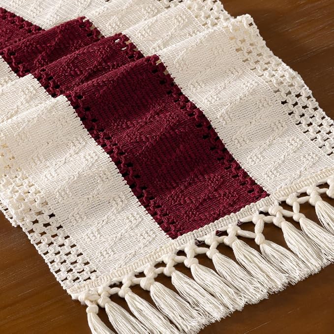DeZerlor Ivory&Burgundy Boho Macrame Farmhouse Woven Table Runner 72Inch | - Image 2