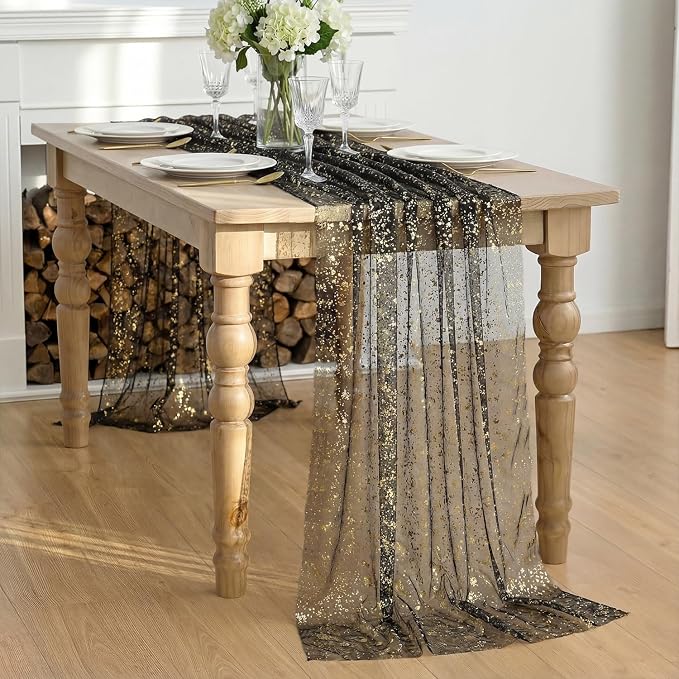 Artoid Mode Black Gold Gauze Table Runner 59x120 Inch 10FT, Glitter Metallic - Image 5