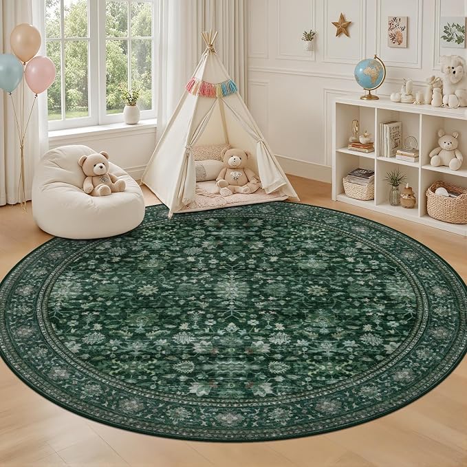 Round Area Rug for Living Room: 8 ft Washable Vintage Boho Soft Thin Circle Rug - Image 5