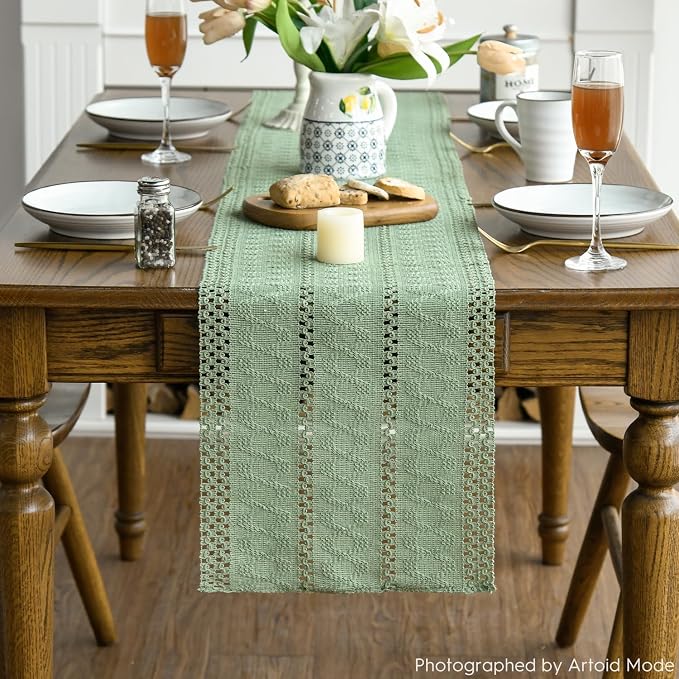 Artoid Mode Light Green Woven Farmhouse Hollow Table Runner 12x48 Inch | - Image 2