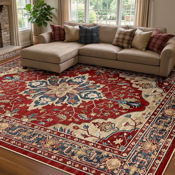 RELEANY Area Rugs 8'x10' Washable Non-Slip, Floral Vintage Distress Medallion by RELEANY