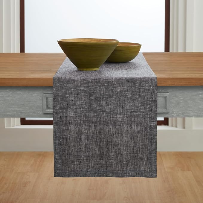 Solino Home 100% Pure Linen Table Runner Black Long, Athena 14 x 156 in | Table - Image 2