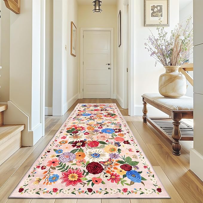 Rug for Hallways Kitchen Rug 3x7 Blush Garden, Non Slip Washable Runner Rug by WelcometoBabovid