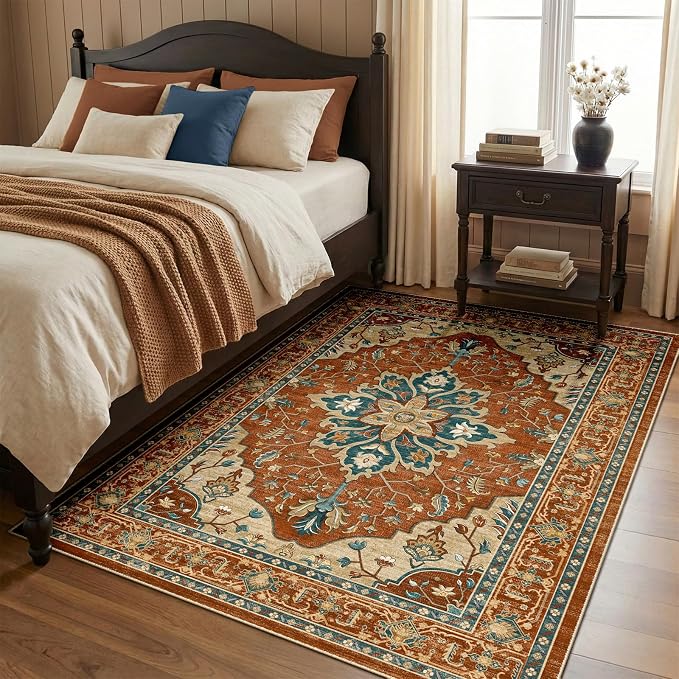 RELEANY Area Rugs 4'x5' Washable Non-Slip, Floral Vintage Distress Medallion by RELEANY