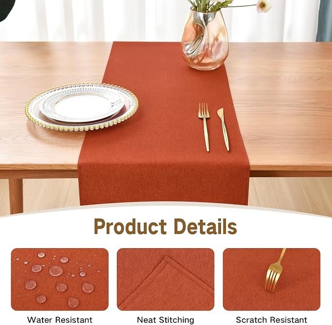 Faux Linen Table Runner Water Resistant 13 x 60 in, Rust | Farmhouse Rustic - Image 3