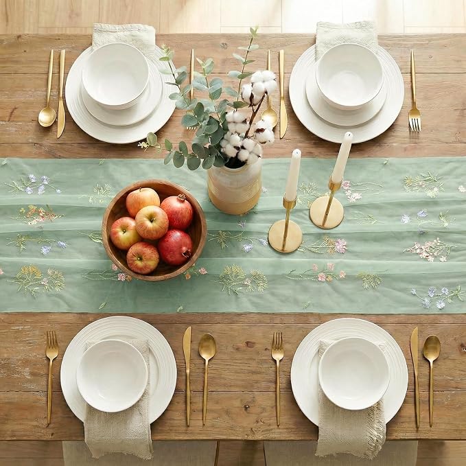 Artoid Mode 6PC Wildflower Floral Sage Green Gauze Embroidery Table Runner 120 - Image 5