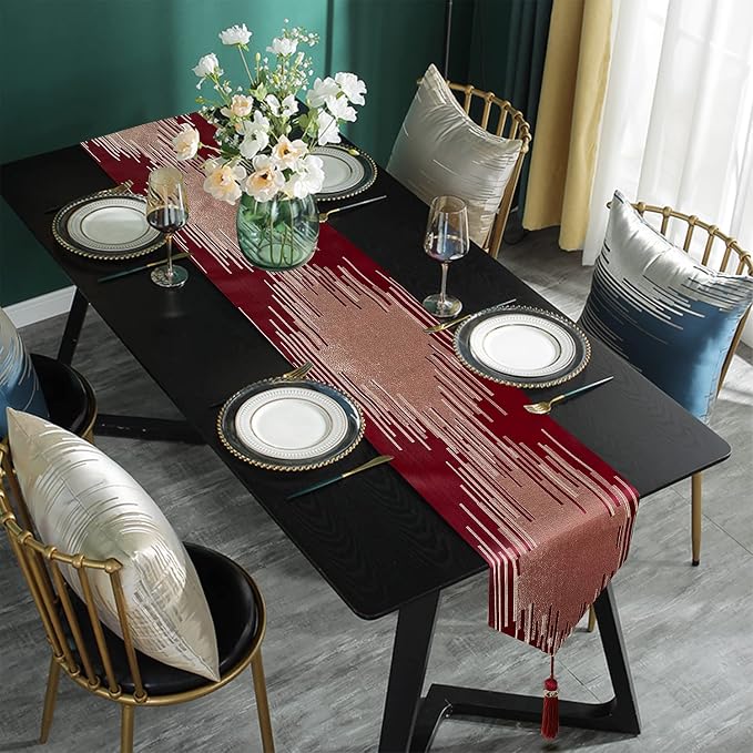 Elegant Modern Red Table Runner, Embroidery Geometric, Ring Tassels | Table - Image 6