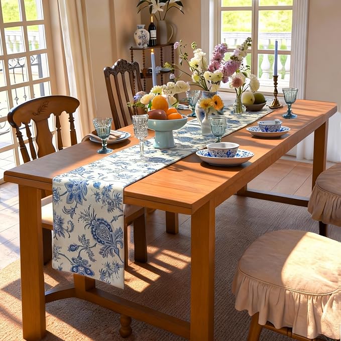 Beige and Blue Table Runner 12x36 Inch | Cotton Polyester Waterproof Seasonal - Image 2