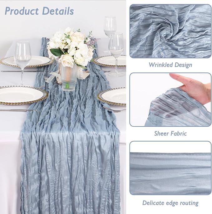 8 Pack Dusty Blue Cheesecloth Table Runner 120 Inch Boho Wedding Decor | - Image 3