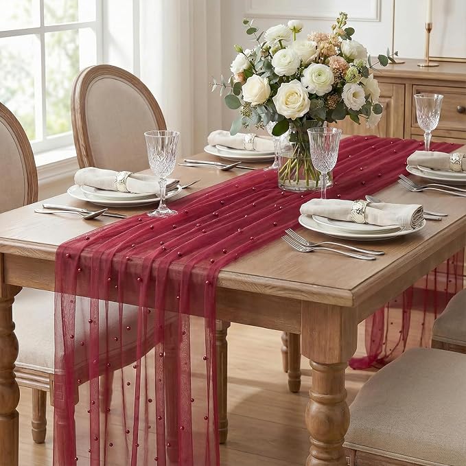 Artoid Mode 3PCS Pearl Burgundy Gauze Table Runner 120 Inch 10FT, Seasonal - Image 4